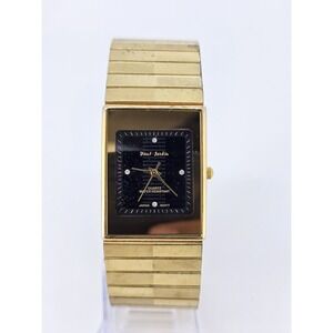 VTG Paul Jardin Women Watch 28MM Black Dial Gold Bracelet Band 7.5" NEW Battery